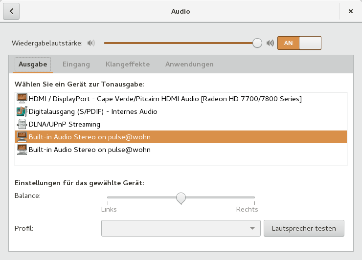 Audio-Pi als Ausgabegerät in den Pulseaudioeinstellungen. Ich habe keine Ahnung, warum er zwei Mal auftaucht