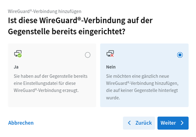 Der Assistent möchte wissen, ob die Verbindung hier gerade neu erstellt wird oder importiert werden soll.
