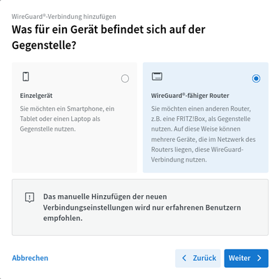 Der Assistent will (nochmal?) wissen, ob ein einzelnes Gerät oder ein Router mit einem Netzwerk verbunden werden soll.