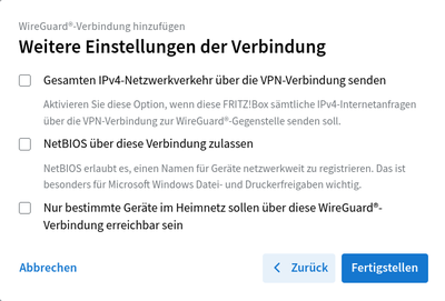 Der Assistent fragt nach verschiedenen Einstellungen, zum Durchleiten des gesamten Netzverkehr, nach NetBIOS-Unterstützung und ob die Verbindung auf einzelne lokale Geräte beschränkt werden soll.